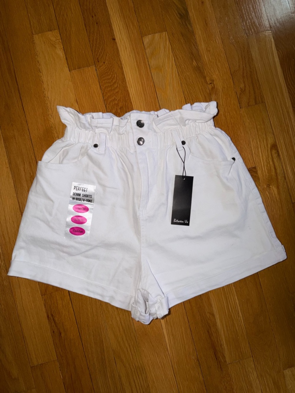 High-Rise Paper Bag White Denim Shorts with Elastic Waist